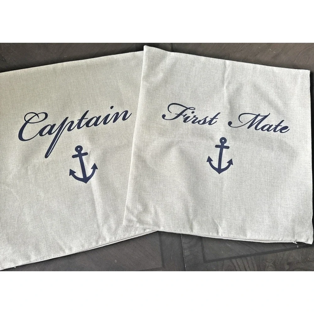Nautical Taupe & Navy Blue Throw Pillow Covers Only Captain & First Mate New Zip